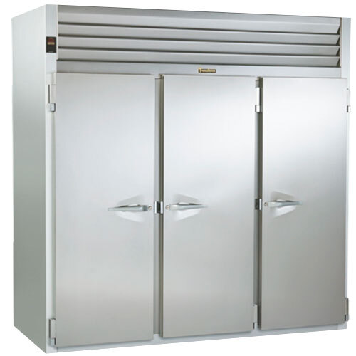 A stainless steel Traulsen roll-thru heated holding cabinet with three doors.