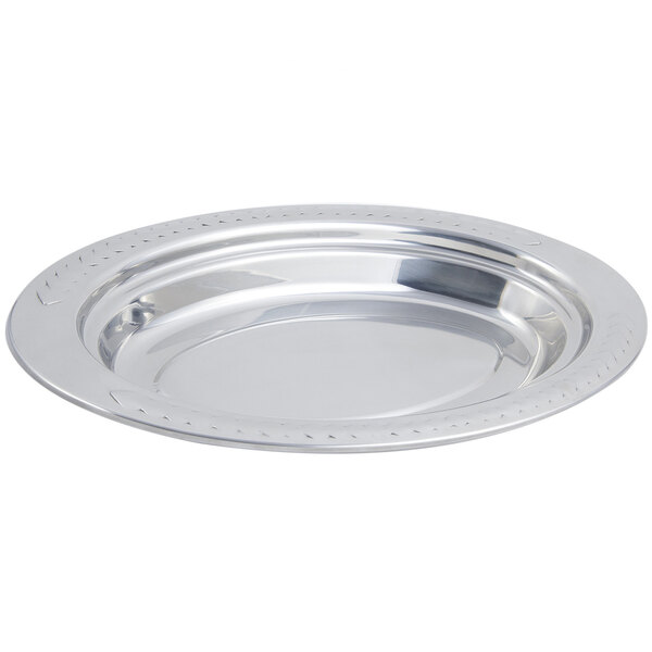 A Bon Chef stainless steel oval food pan with a laurel design on the rim.
