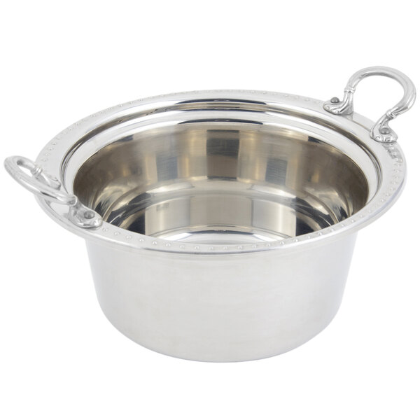 A stainless steel Bon Chef Bolero casserole food pan with round stainless steel handles.