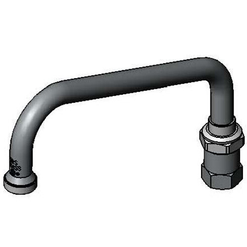 A black T&S faucet swing nozzle with a long grey pipe and nut attached to it.
