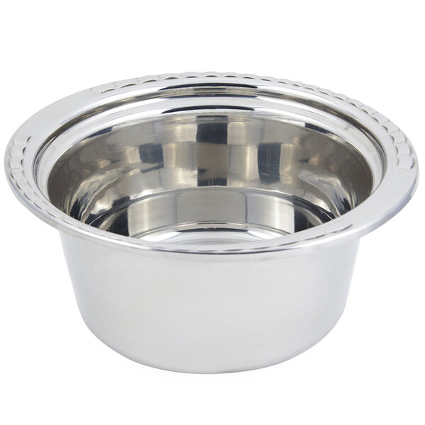 A silver stainless steel Bon Chef casserole food pan with a handle and rim.