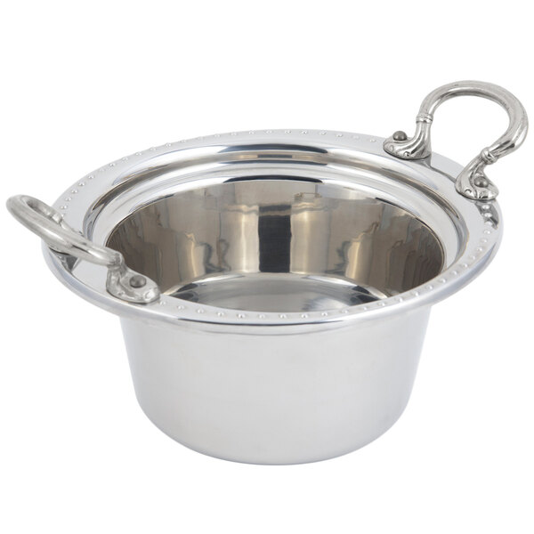 A stainless steel Bon Chef Bolero design casserole food pan with round stainless steel handles.