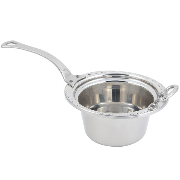 A silver stainless steel Bon Chef food pan with a long handle decorated with laurel designs.
