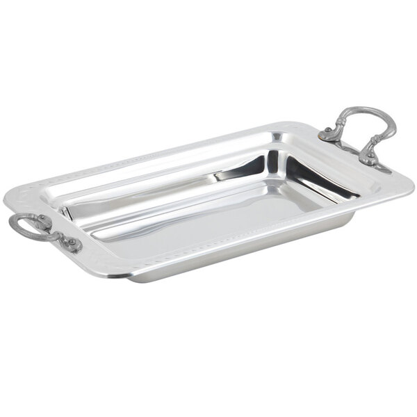 A Bon Chef stainless steel rectangular food pan with round stainless steel handles.