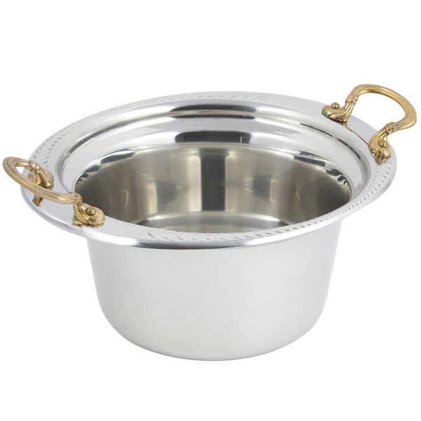 A silver stainless steel Bon Chef casserole food pan with round brass handles.