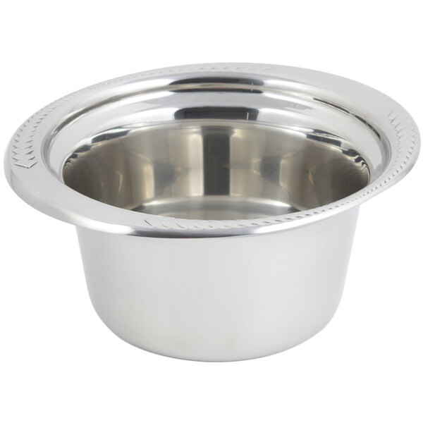 A silver stainless steel Bon Chef casserole food pan with a round rim decorated with a laurel design.