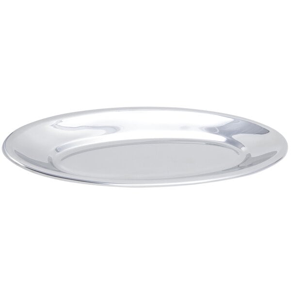 A stainless steel fish platter with a white background.