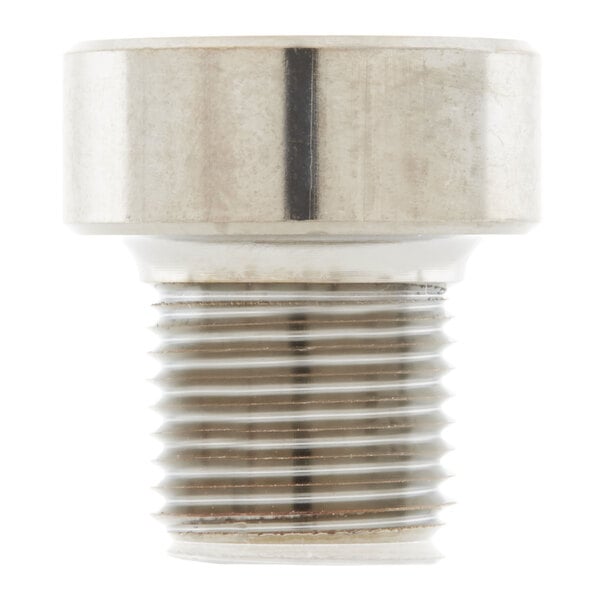 A close-up of a T&S stainless steel adapter with NPT and UN connections.