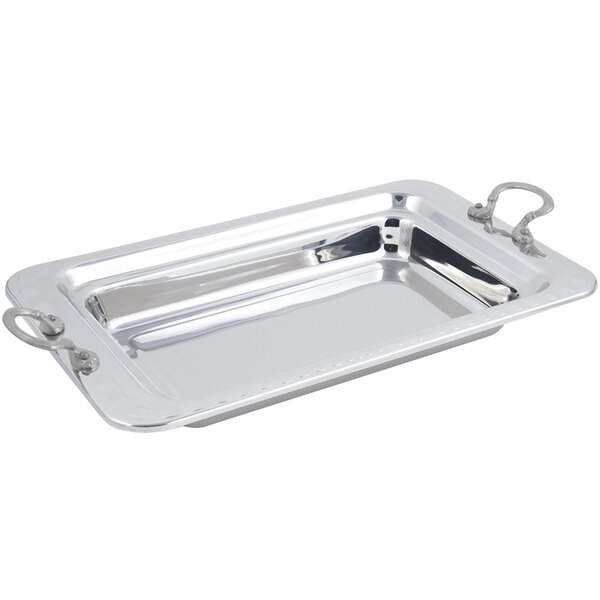 A shiny silver Bon Chef rectangular food pan with round handles.