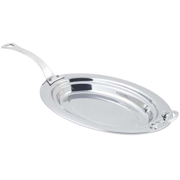 A Bon Chef stainless steel oval food pan with long stainless steel handle.