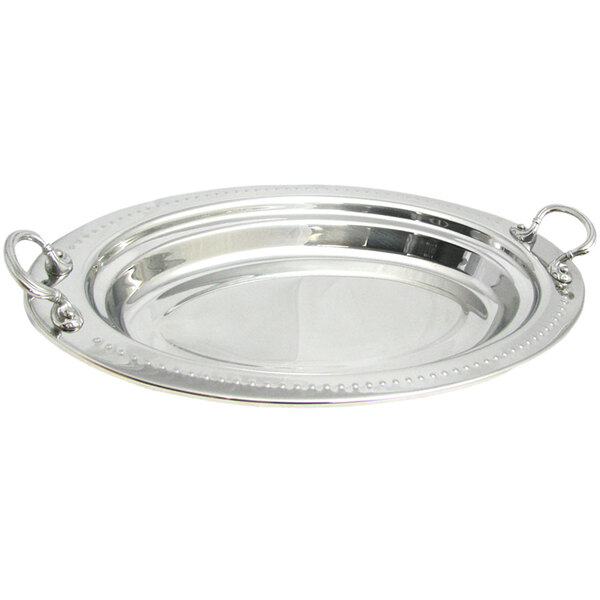 A Bon Chef stainless steel food pan with round stainless steel handles.