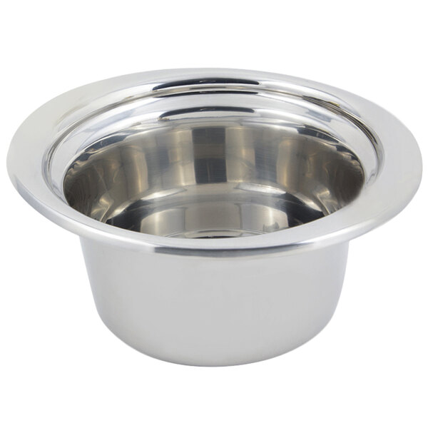 A silver stainless steel Bon Chef casserole food pan with a round rim and a handle.