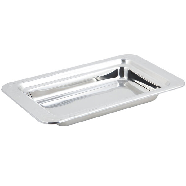 A Bon Chef stainless steel rectangular food pan with a laurel design.