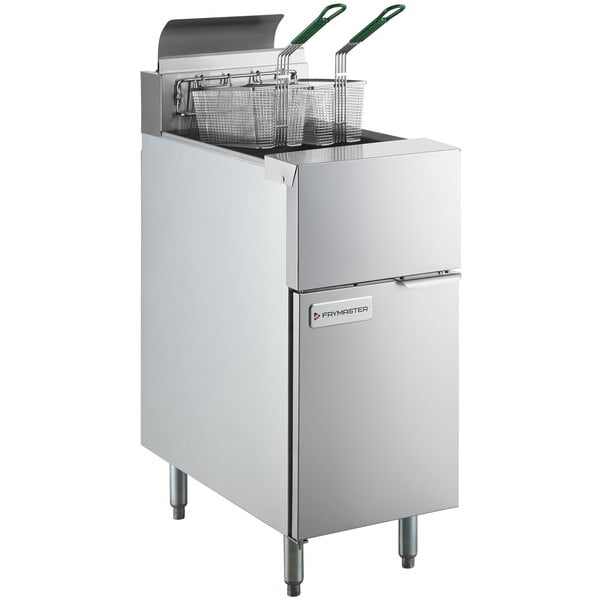A stainless steel Frymaster gas floor fryer with two baskets.