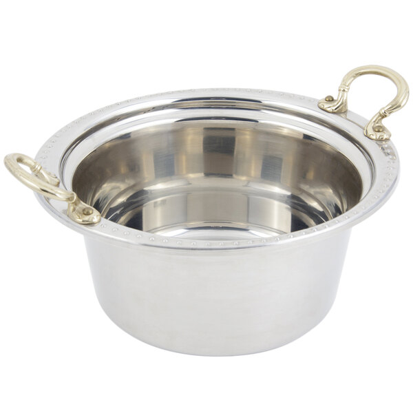 A silver stainless steel Bon Chef casserole food pan with round brass handles.