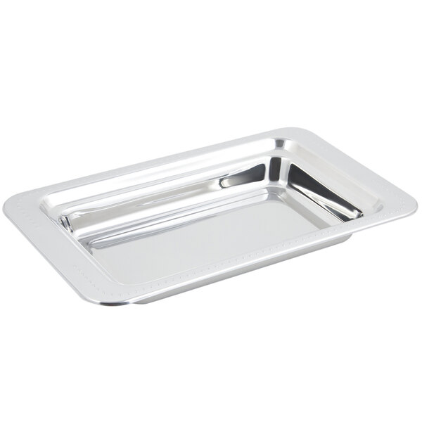 A stainless steel rectangular food pan with a Bolero design.