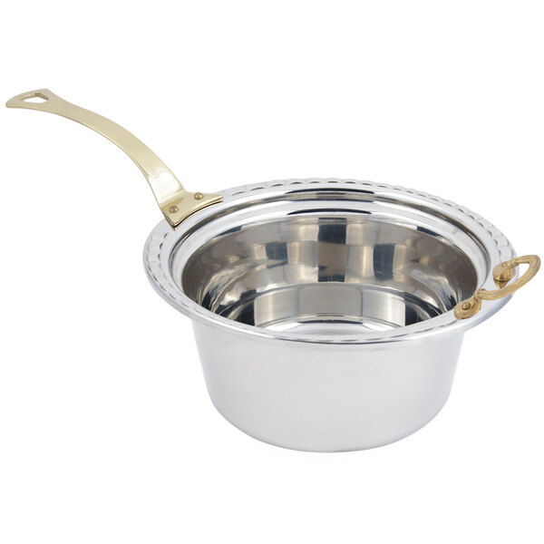 A silver stainless steel Bon Chef casserole food pan with a long brass handle.