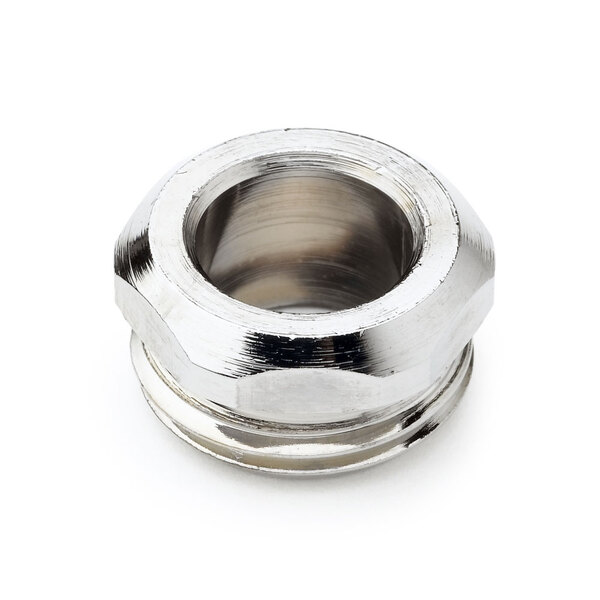 A close-up of a T&S stainless steel faucet packing nut.