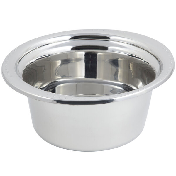A silver stainless steel Bon Chef Bolero design casserole food pan with a round rim.