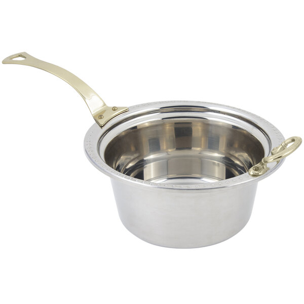 A Bon Chef stainless steel casserole food pan with a long brass handle.