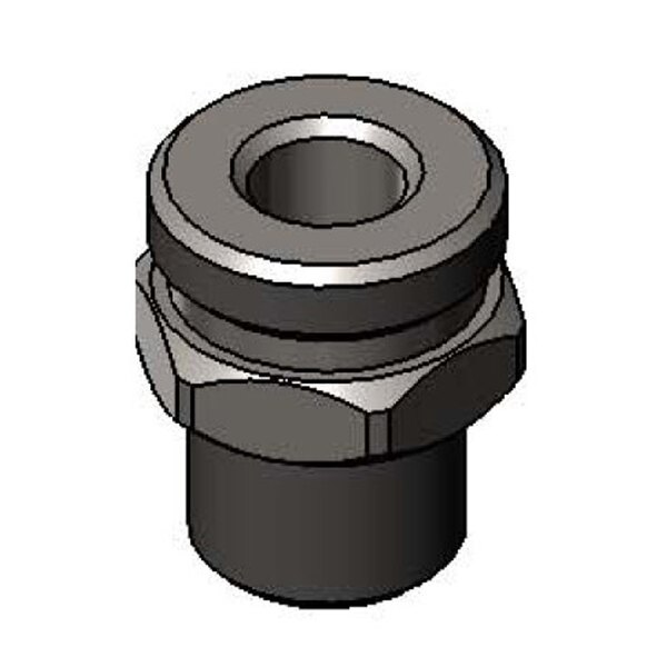 A close-up of a chrome plated metal nut with black threading.