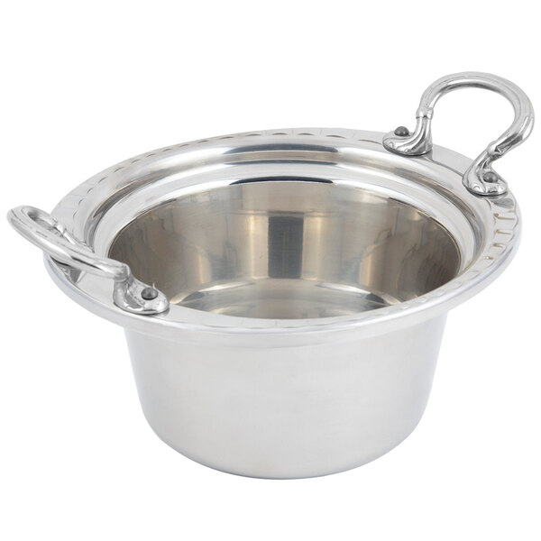 A silver stainless steel Bon Chef casserole with round handles.