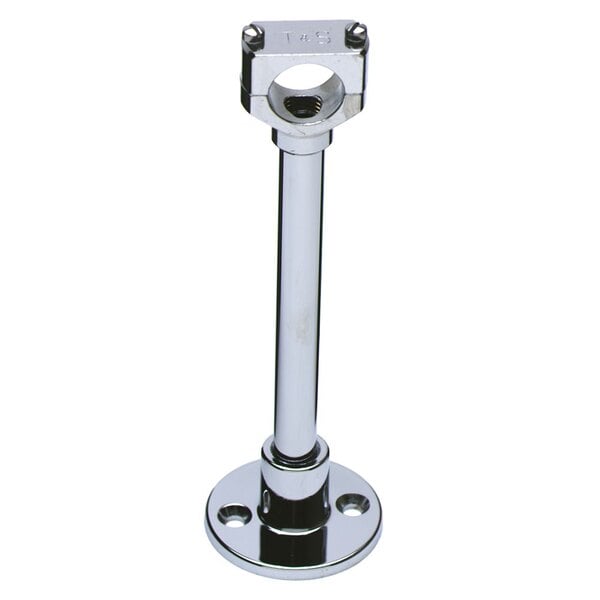 A T&S chrome metal back clamp with a metal base.