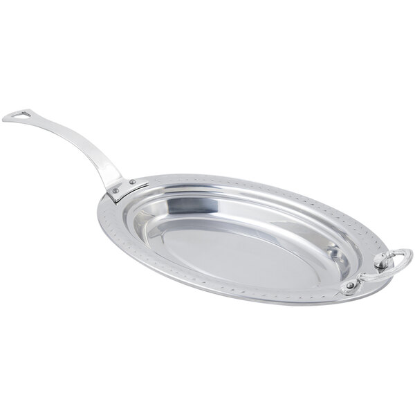 A Bon Chef stainless steel oval food pan with a long handle.