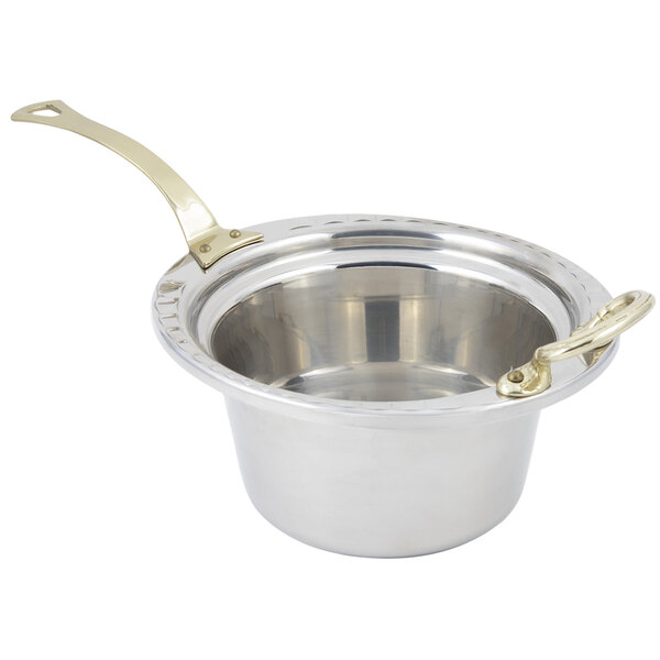 A stainless steel Bon Chef Arches design casserole food pan with a long brass handle.