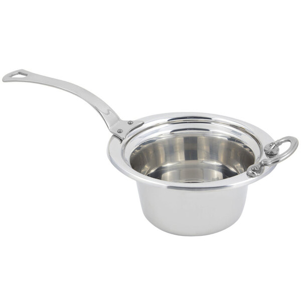 A Bon Chef stainless steel casserole food pan with a long handle.