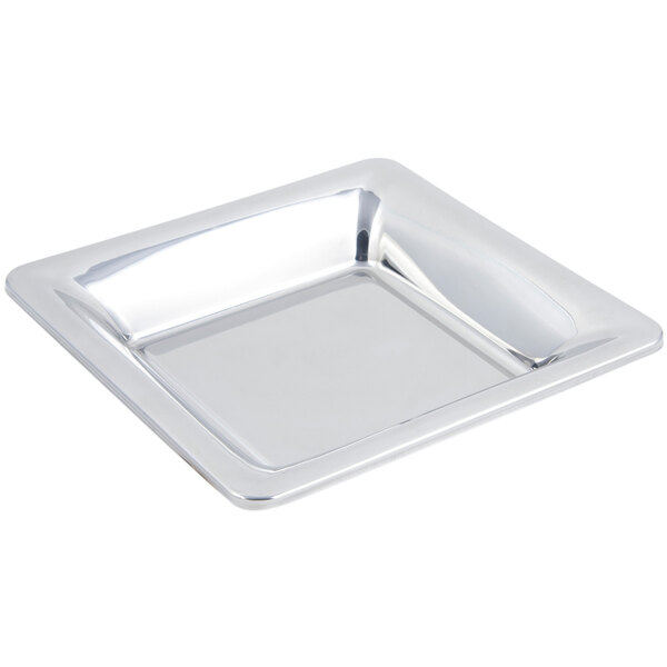 A Bon Chef stainless steel square serving dish with a silver rim.