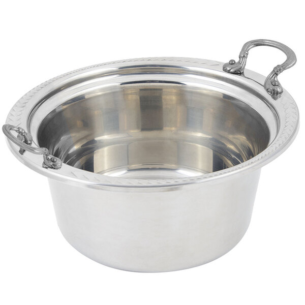 A stainless steel Bon Chef casserole food pan with round stainless steel handles.