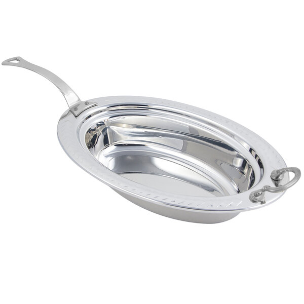 A silver stainless steel Bon Chef food pan with a long handle.
