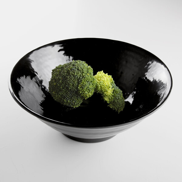 An Elite Global Solutions black melamine bowl filled with broccoli.