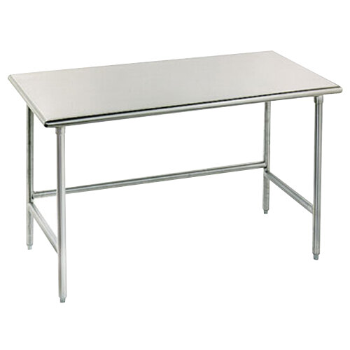 An Advance Tabco stainless steel work table with galvanized steel legs.