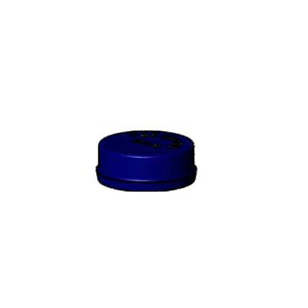 A blue circular plastic cap with black text and holes.
