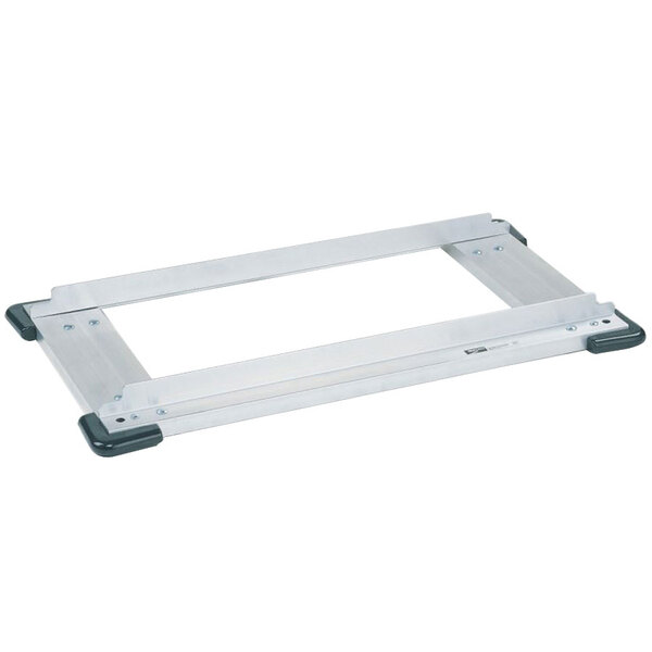 A stainless steel rectangular metal frame with black corner bumpers.