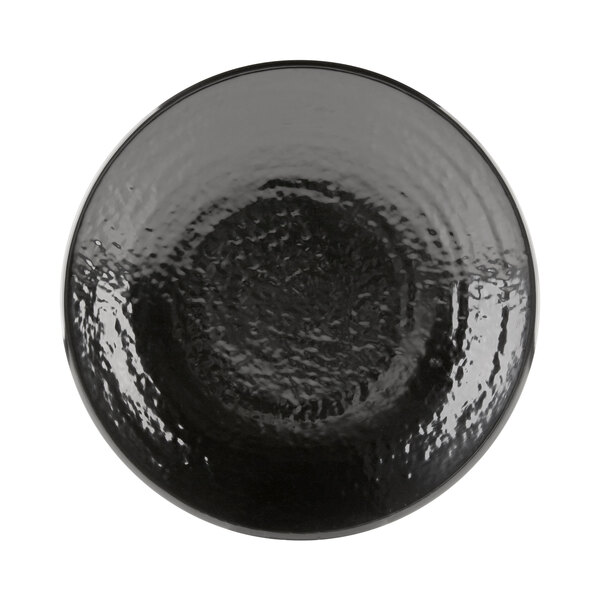A close-up of a black Elite Global Solutions Pebble Creek plate with a textured surface.
