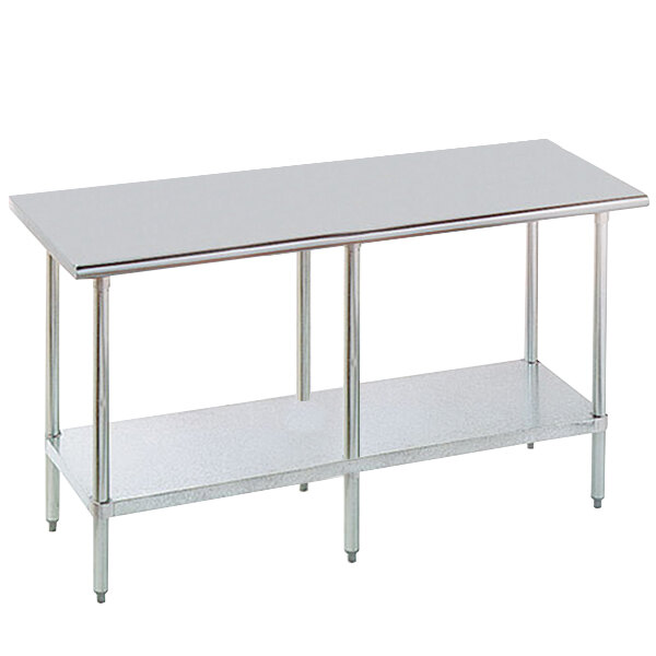 An Advance Tabco stainless steel work table with a galvanized steel undershelf.
