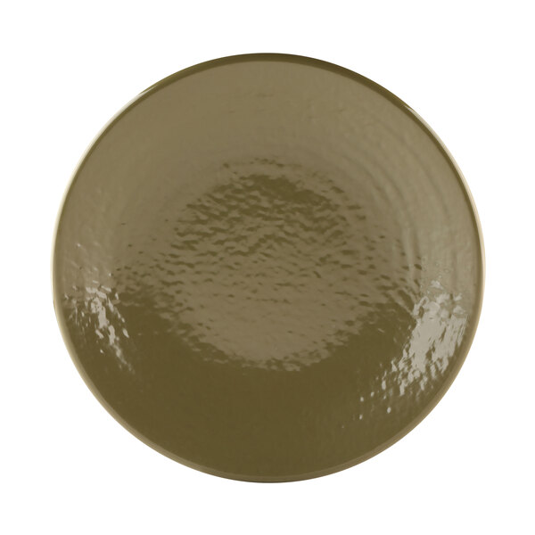 A white round plate with a brown rim.