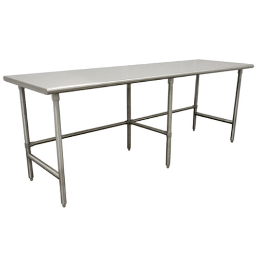 A stainless steel Advance Tabco work table with stainless steel legs.