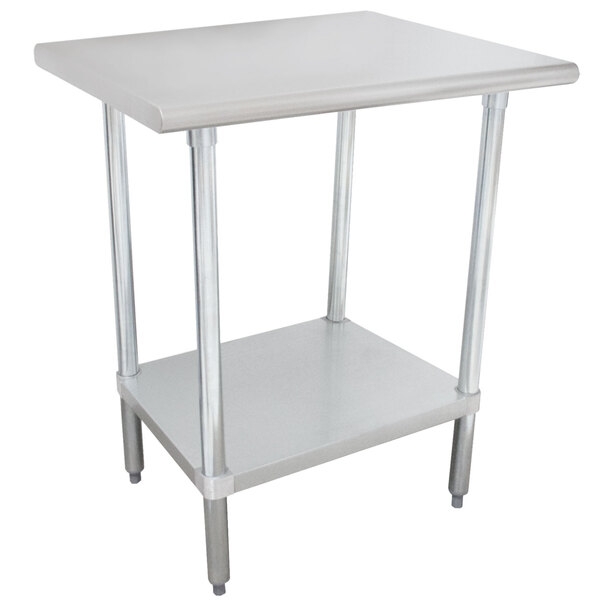 A white stainless steel work table with a galvanized metal undershelf.