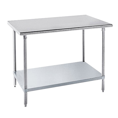 A stainless steel Advance Tabco work table with a galvanized steel undershelf.