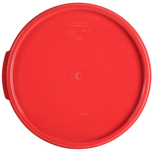 A red Carlisle round polypropylene food storage container lid.