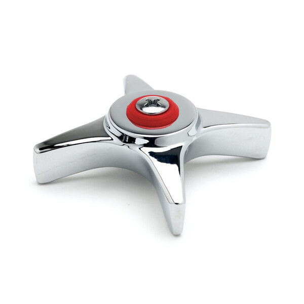 A chrome plated T&S faucet handle with a red and silver star shaped hot button.