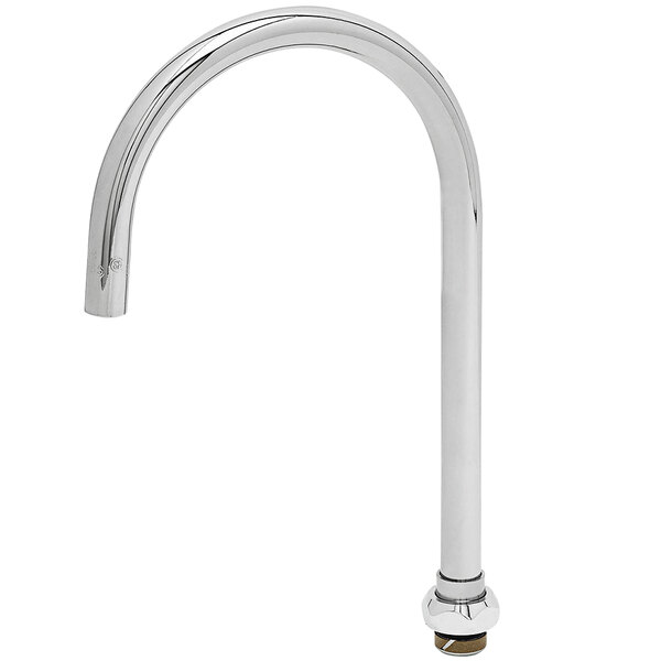 A silver T&S swivel gooseneck faucet with a round handle.