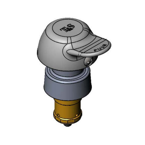 A 3D rendering of a grey and gold T&amp;S Faucet Metering Cartridge with a cap.
