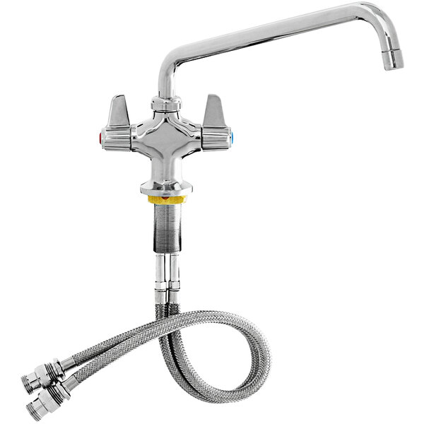 A stainless steel Equip by T&S deck-mount faucet with a 6 1/8" swing nozzle and lever handles.