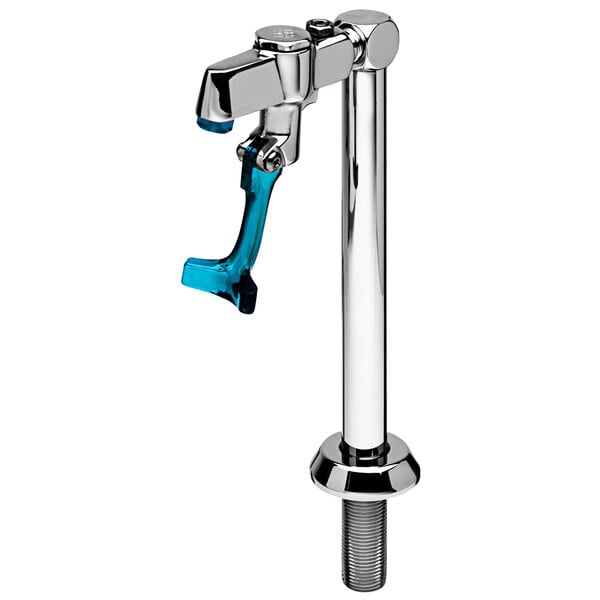 A silver and blue Equip by T&S deck mount glass filler pedestal with a blue handle.