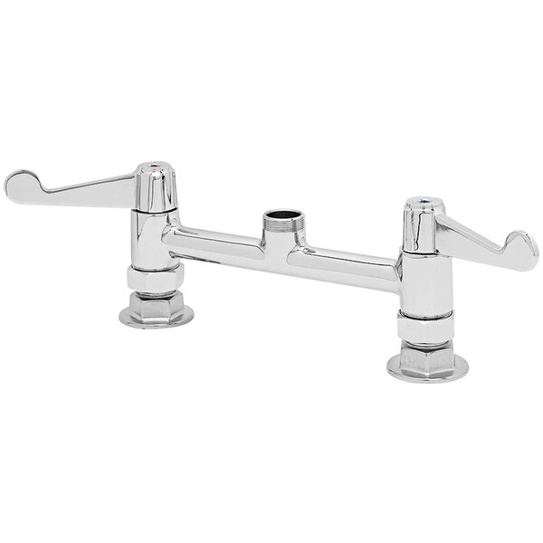 A chrome Equip by T&S deck mount faucet base with 8" adjustable centers and 4" wrist action handles.